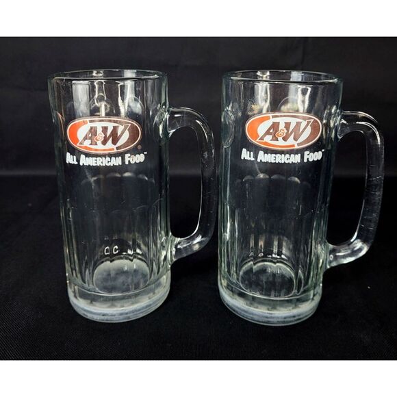 Vintage 1970s A&W Root Beer All American Food Heavy Glass 7" Stein Soda Mugs Set
